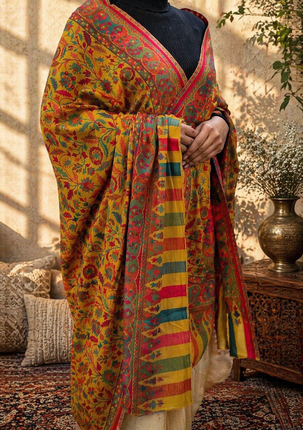 Vibrant Mustard Floral Kashmiri Style Shawl – Multicolor Woven Elegance