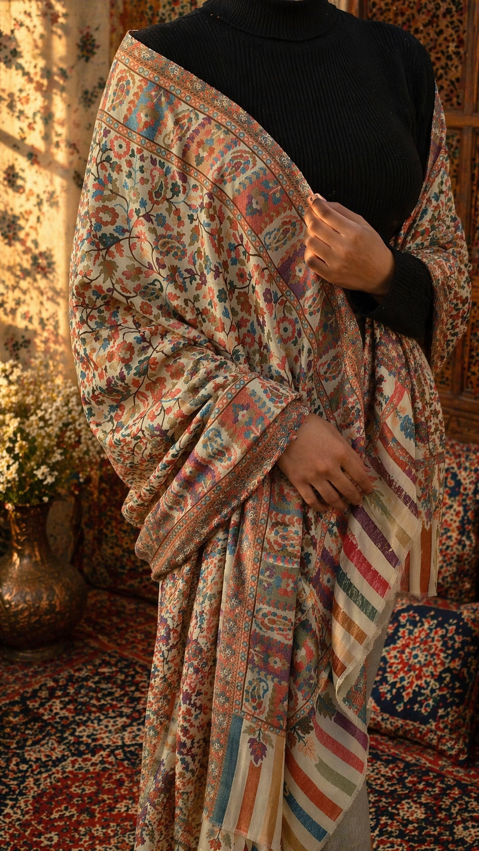Kashmiri Floral Shawl – Elegant Multicolor Heritage Wrap