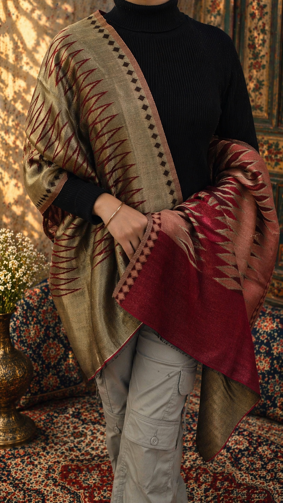 Kashmiri Reversible Shawl – Beige & Maroon Ikat-Inspired Wrap