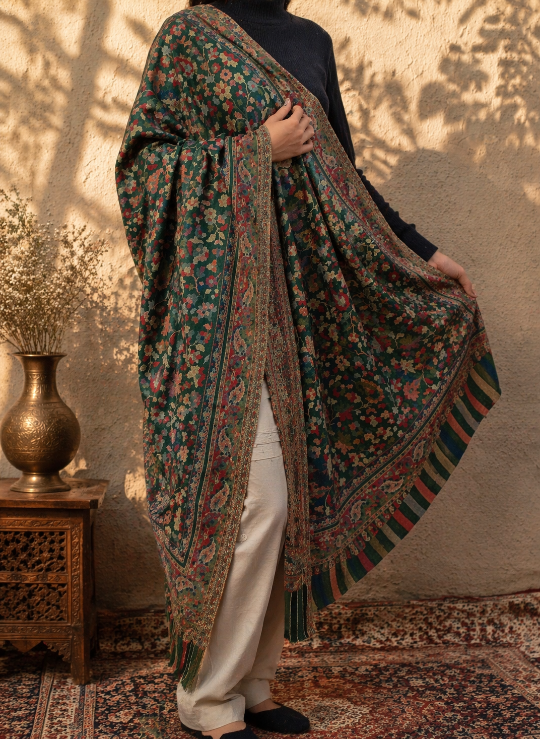 Elegant Floral Kashmiri Style Shawl – Deep Green Multi-Color Weave