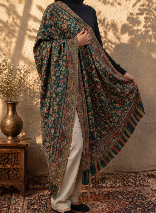 Elegant Floral Kashmiri Style Shawl – Deep Green Multi-Color Weave