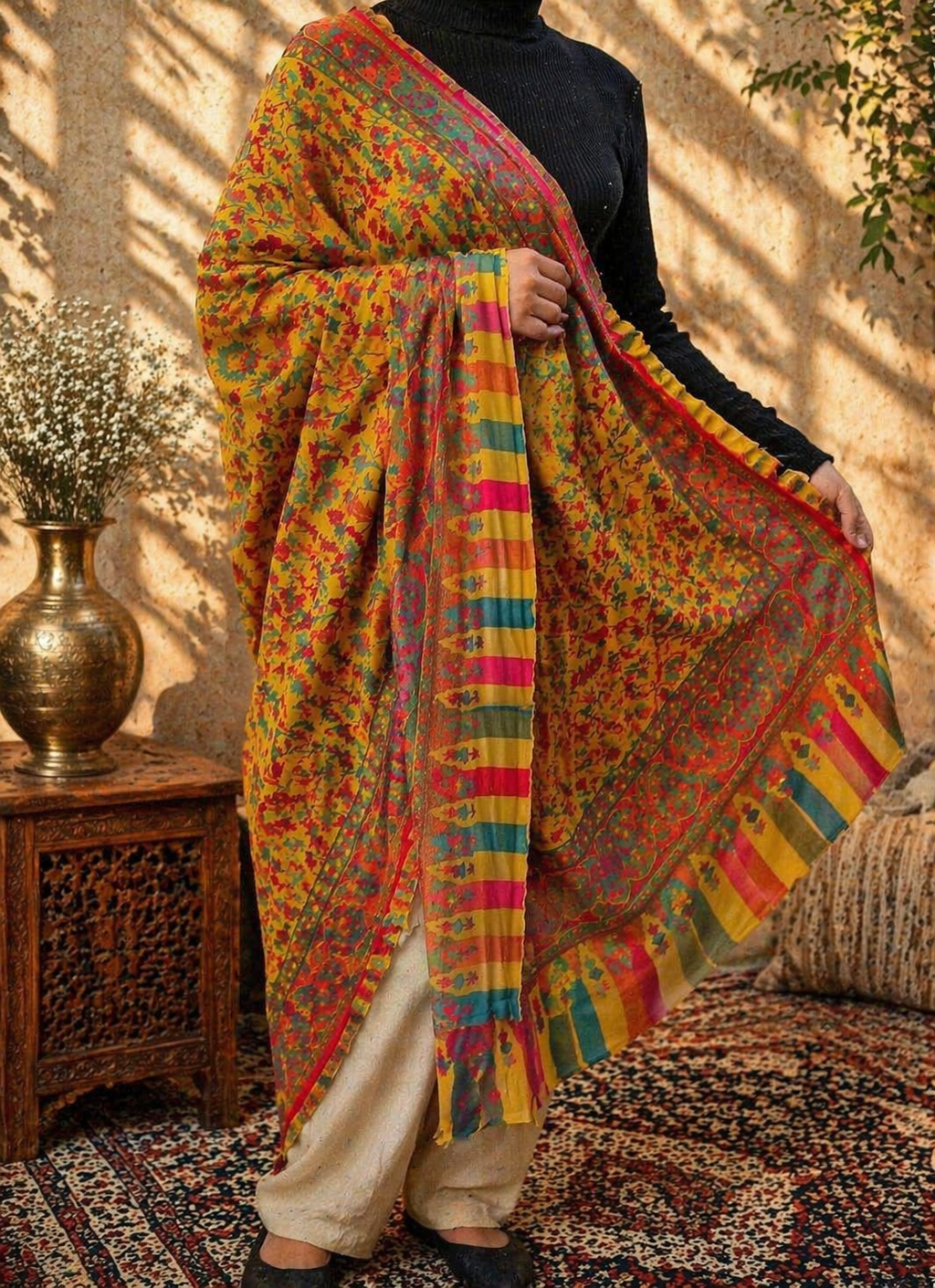 Vibrant Mustard Floral Kashmiri Style Shawl – Multicolor Woven Elegance